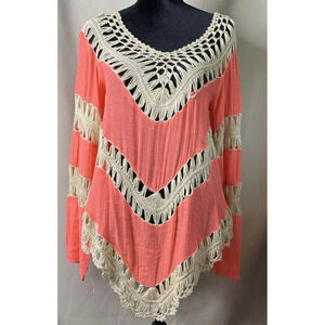 UMGEE Womens Coral Crochet Hollow Out Asymmetrical Hem‎ Long Sleeve Small Boho
